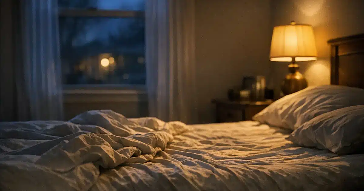 Empty unmade bed at night with disturbed sheets and pillows, bedside lamp glowing, window visible in background