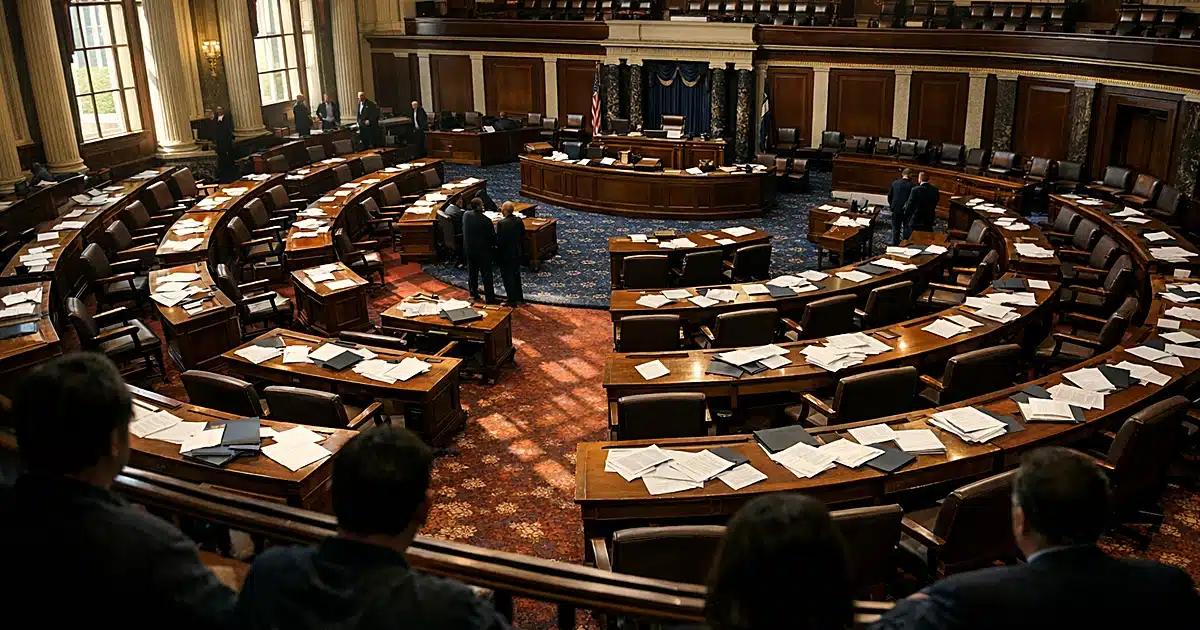 Empty Senate chamber with scattered papers on desks after legislative negotiation session
