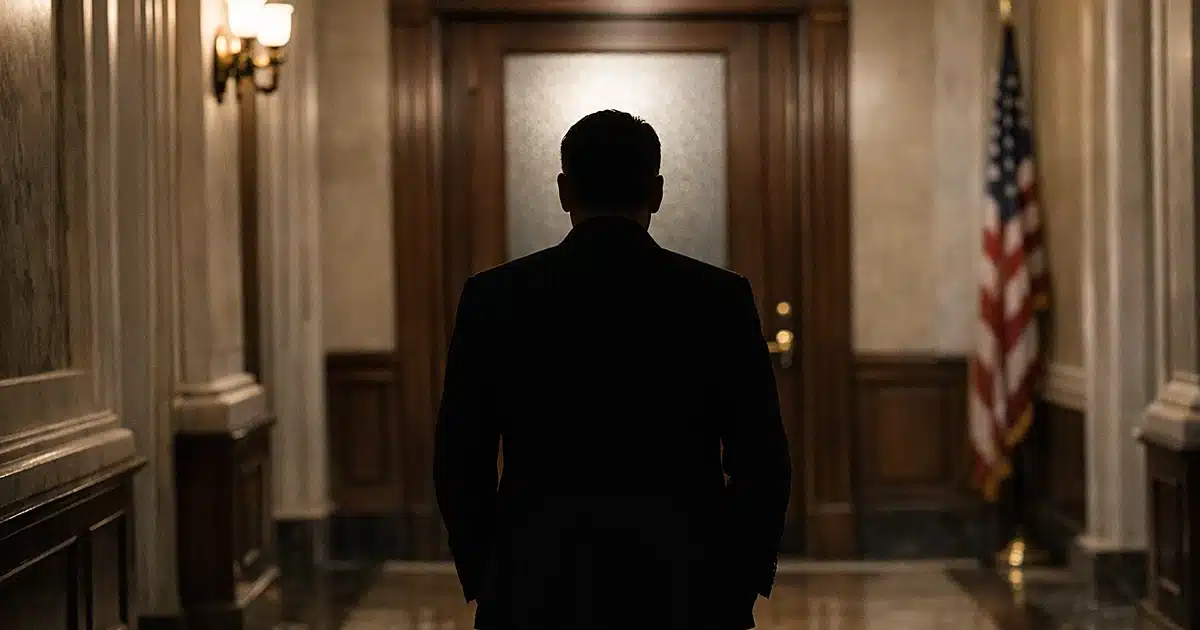 Silhouetted figure standing in congressional office hallway facing closed door with frosted glass panel