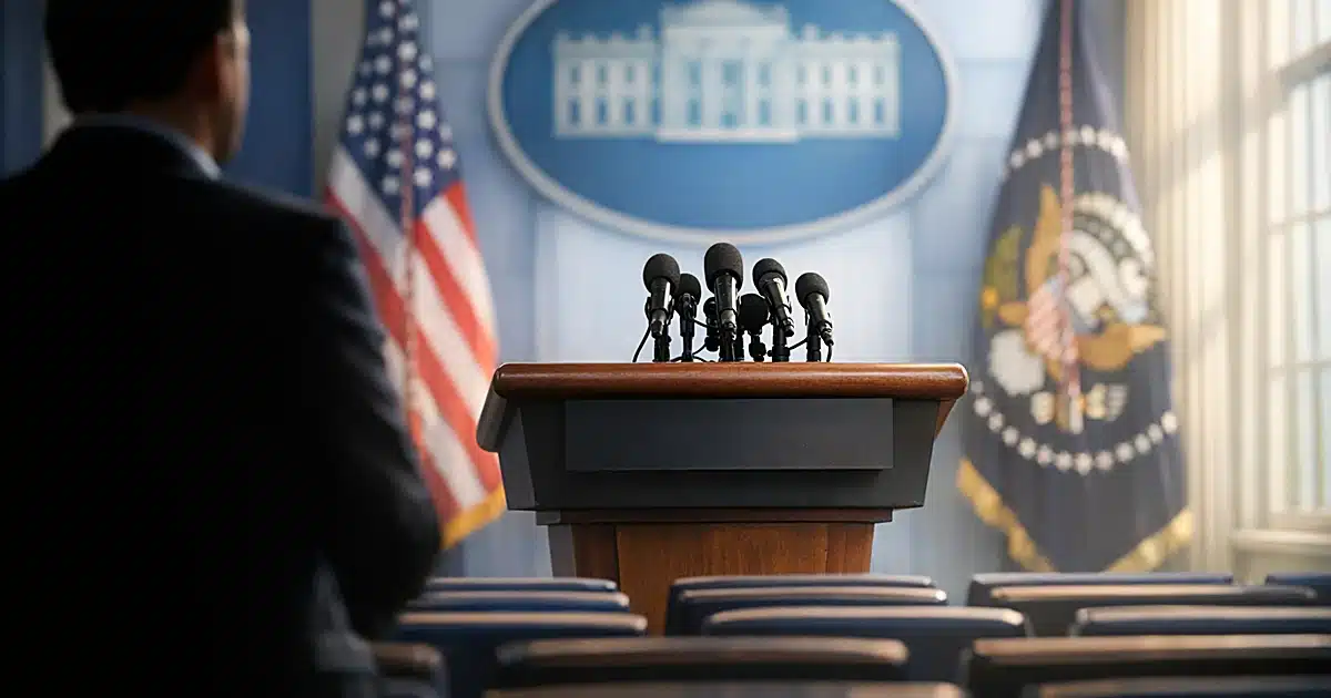 White House press briefing room with empty podium and microphones, silhouetted figure at edge of frame