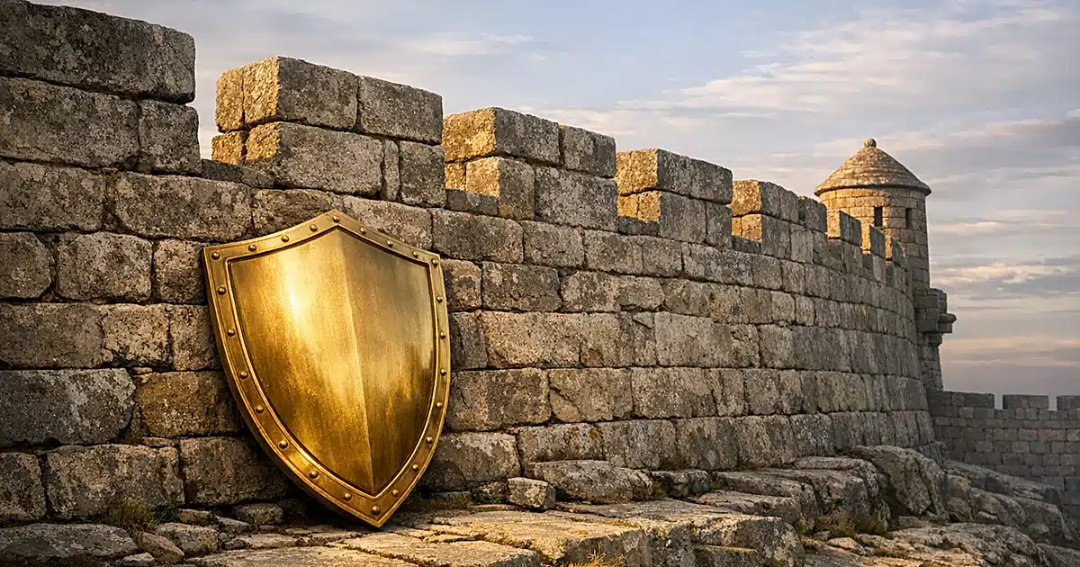 Abstract stone fortress wall with golden shield representing security and protection