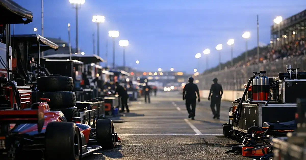 Empty IndyCar pit lane at dusk with racing equipment and crew silhouettes under stadium lights