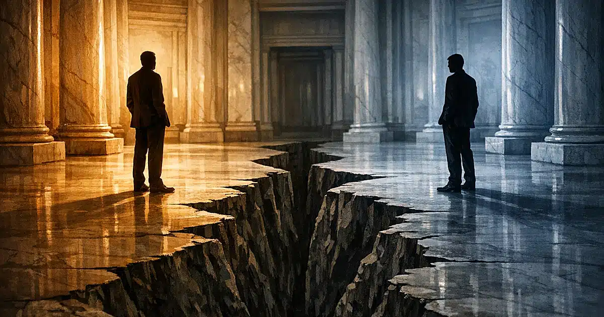 Two silhouetted figures separated by a chasm inside a government building, representing political family conflict