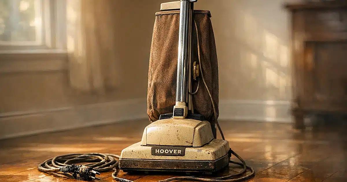 Vintage Hoover vacuum cleaner with damaged electrical cord on hardwood floor in afternoon sunlight