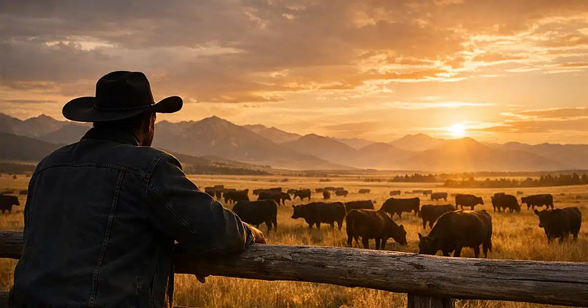 Silhouetted rancher at fence overlooking cattle herd on Montana grassland at sunset with mountains in distance