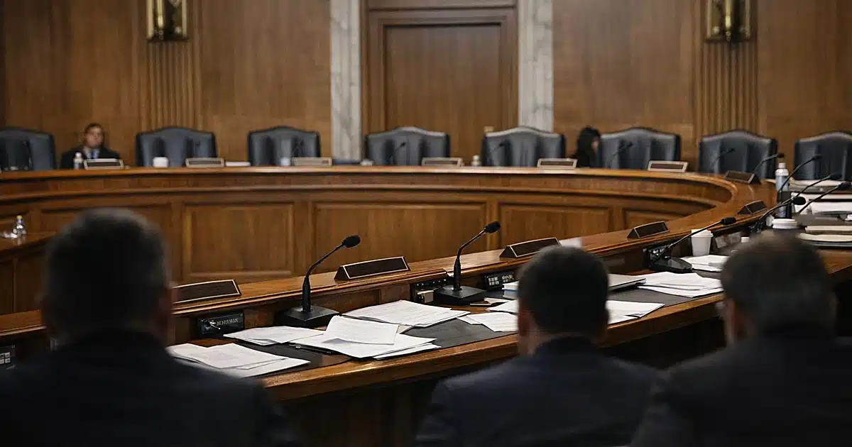 Senate committee hearing room with empty chairs at curved dais, silhouetted figures seated in gallery foreground
