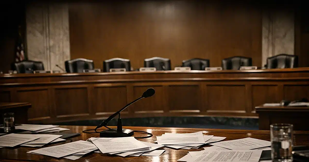 Empty Senate committee hearing room with scattered papers on witness table and vacant chairs at curved dais