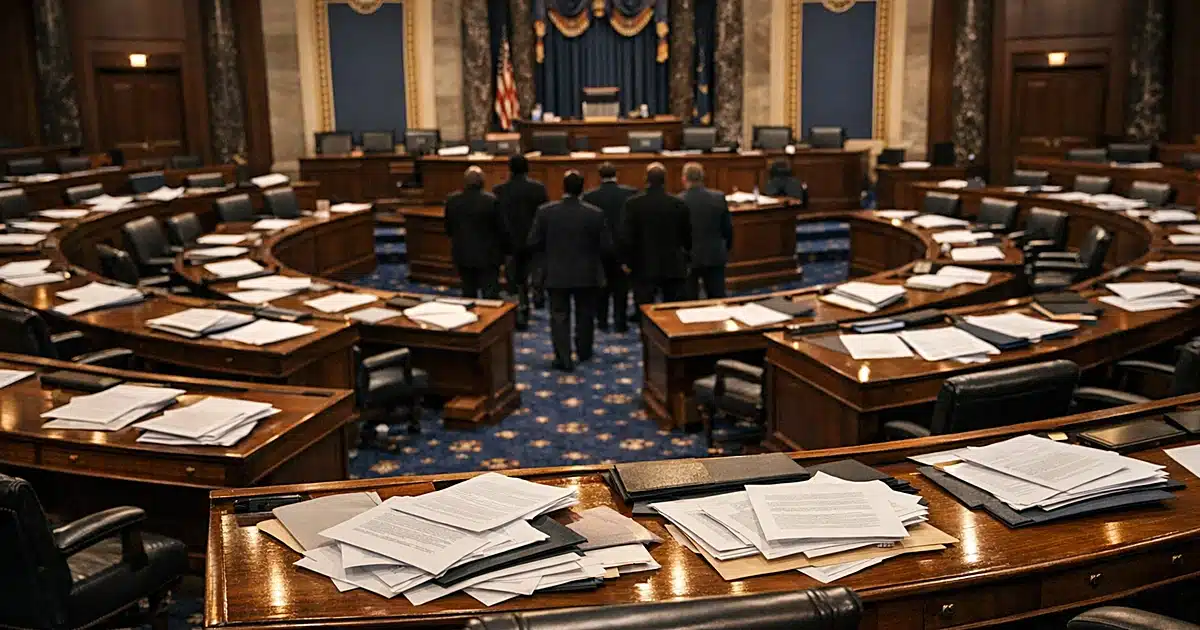 Wide view of Senate chamber interior with empty desks covered in papers after legislative session