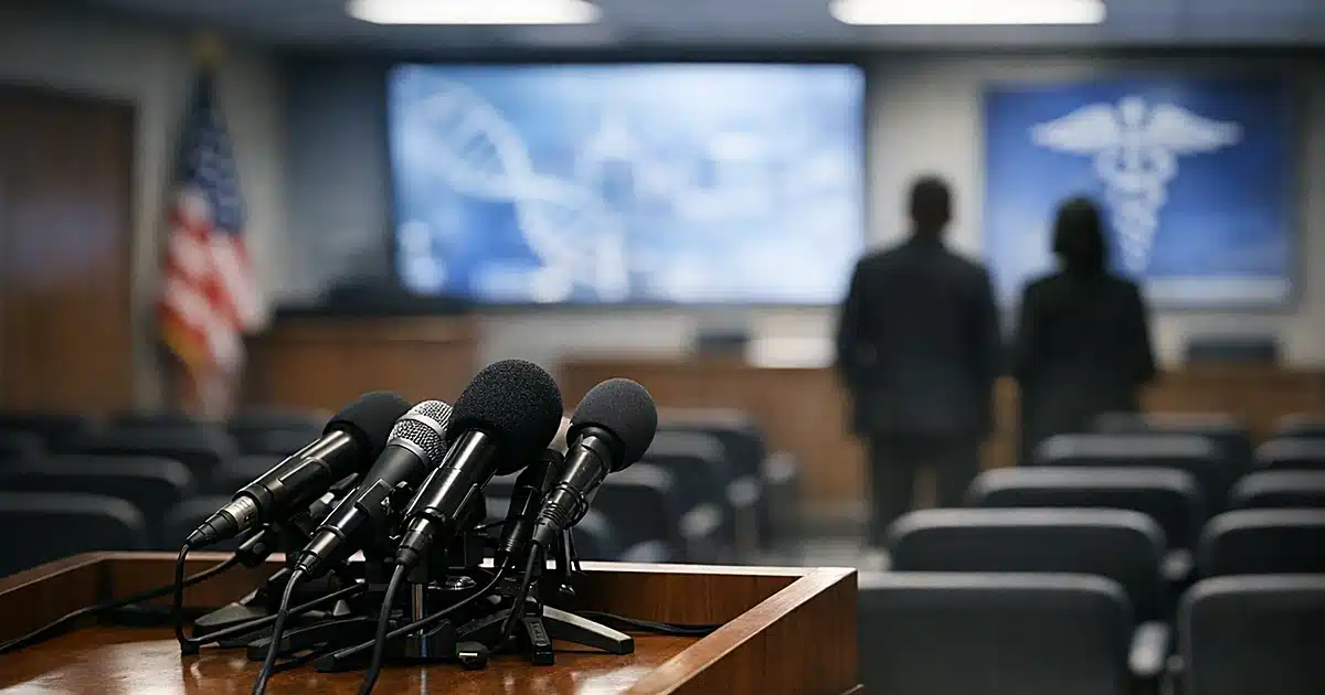 Empty government briefing room with podium and microphones, rows of vacant press chairs in background