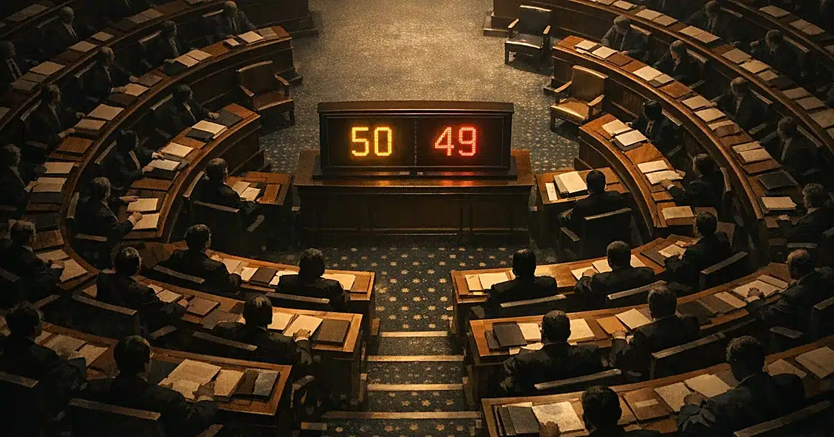 Overhead view of Senate chamber with voting board showing 50-49 tally and two empty seats among silhouetted figures