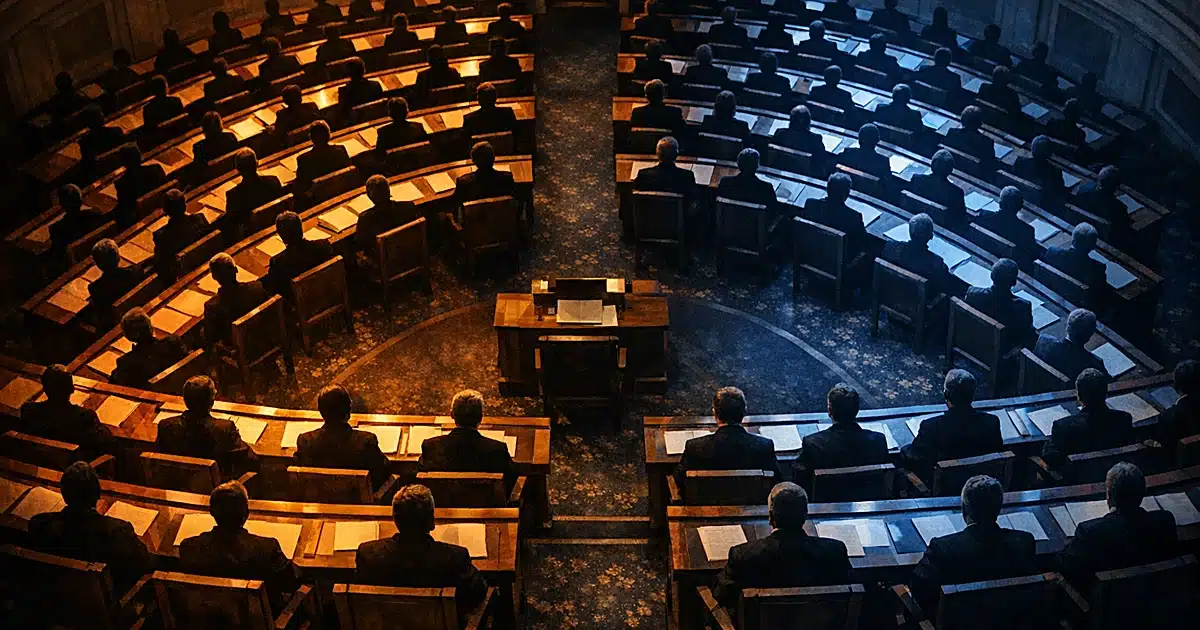 Overhead view of senate chamber with seats divided by amber and blue lighting showing 50-49 vote split