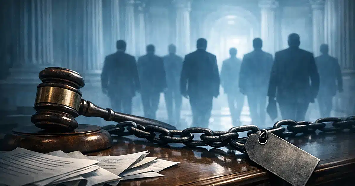 Gavel on legislative desk with silhouetted figures walking away, chain with price tag casting shadows across documents