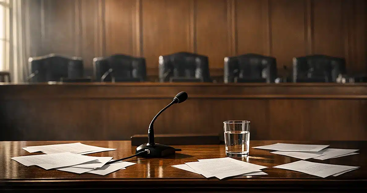 Empty congressional hearing room with witness table, microphone, scattered papers, and silhouetted committee chairs