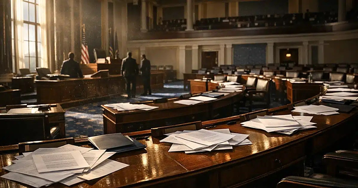 Empty Senate chamber with scattered papers on desks after a major legislative vote, dramatic afternoon lighting