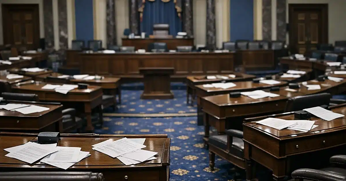 Empty Senate chamber at night with scattered papers on desks after late-night legislative session
