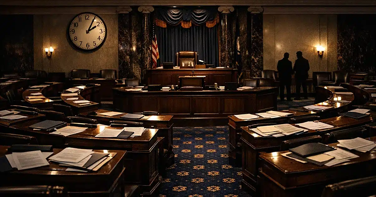 Empty Senate chamber at night with scattered papers on desks and clock showing 2:07 AM