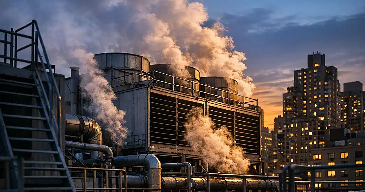 Industrial cooling tower on Manhattan rooftop with steam rising at dusk, maintenance equipment visible in foreground