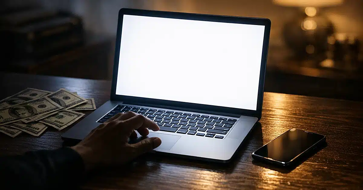 Laptop with cash and smartphone on desk in dim lighting, hand reaching toward keyboard