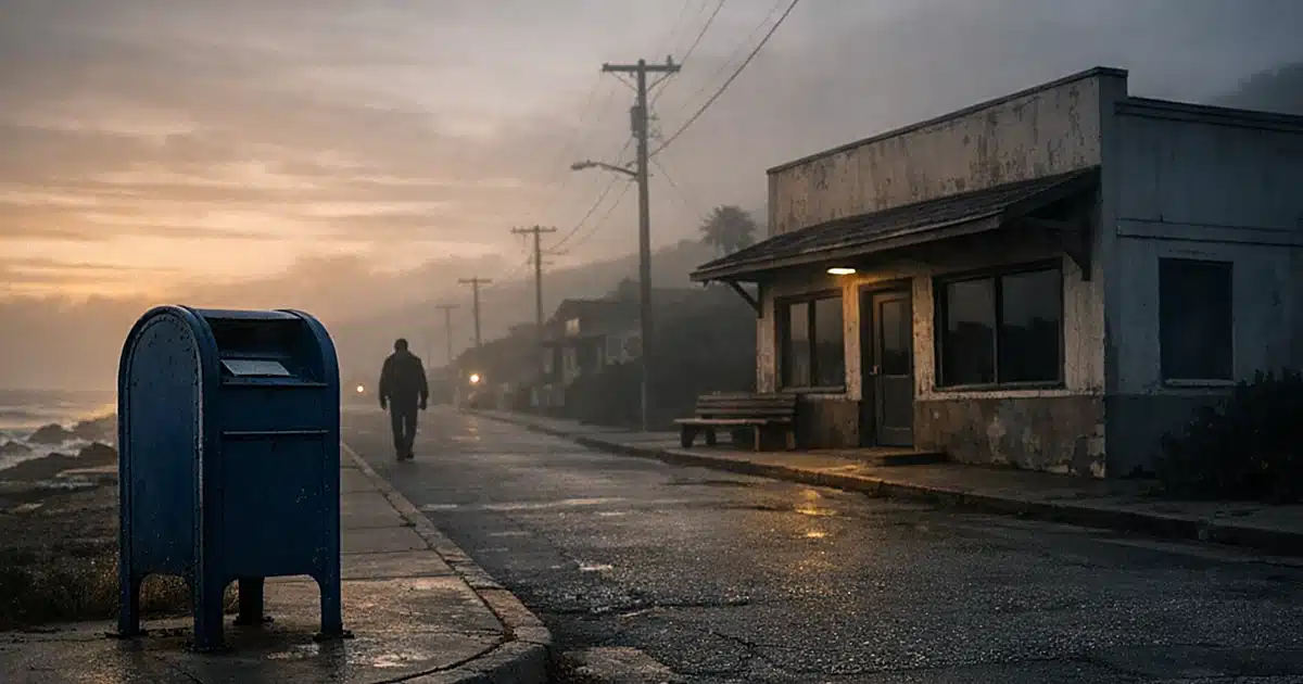 Empty post office building at dusk with blue mailbox in front and silhouetted figure walking away on coastal street