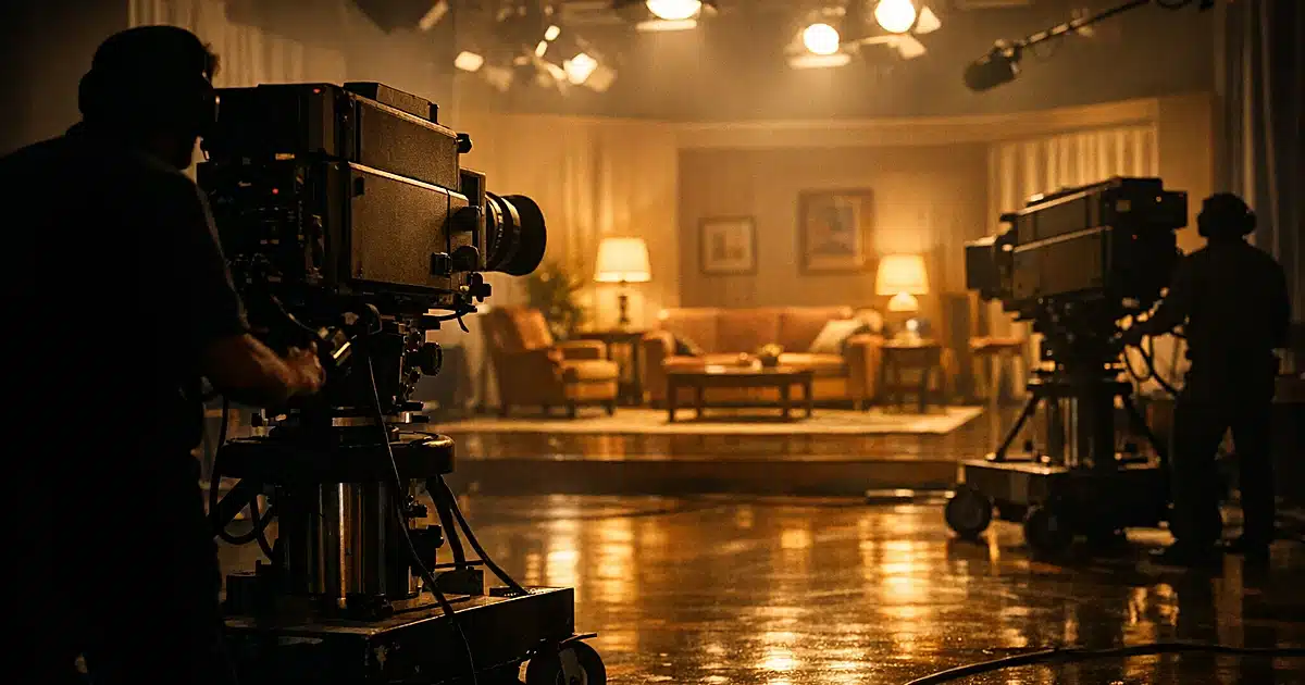 Vintage 1960s television studio with period broadcast cameras positioned around an empty living room set