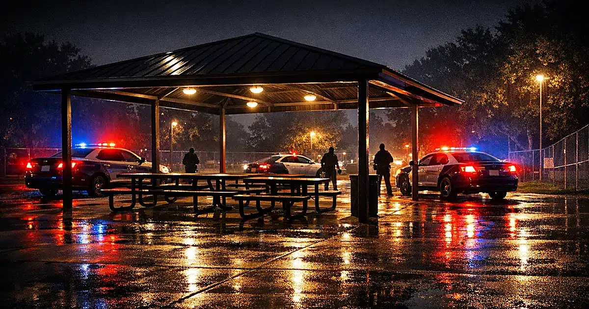 Police emergency lights illuminating empty urban park pavilion at night with patrol cars positioned at perimeter
