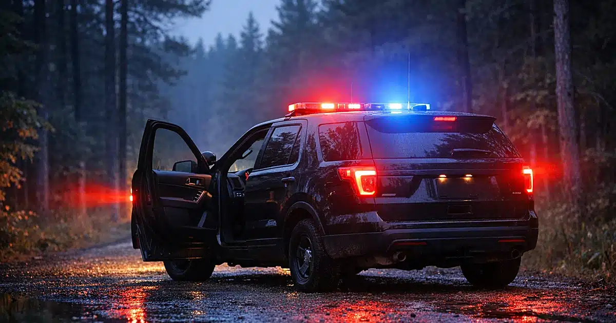Sheriff patrol vehicle with emergency lights active on rural gravel road beside dense forest at dusk