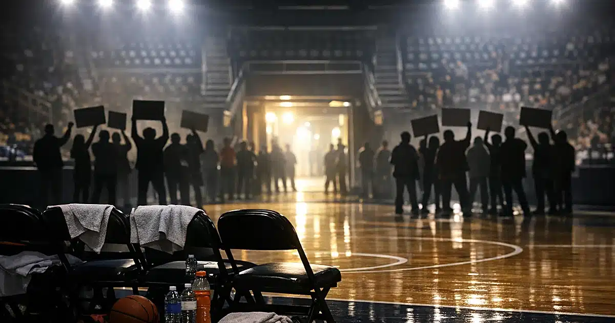 Basketball arena interior with empty court and silhouetted protesters visible near entrance tunnel