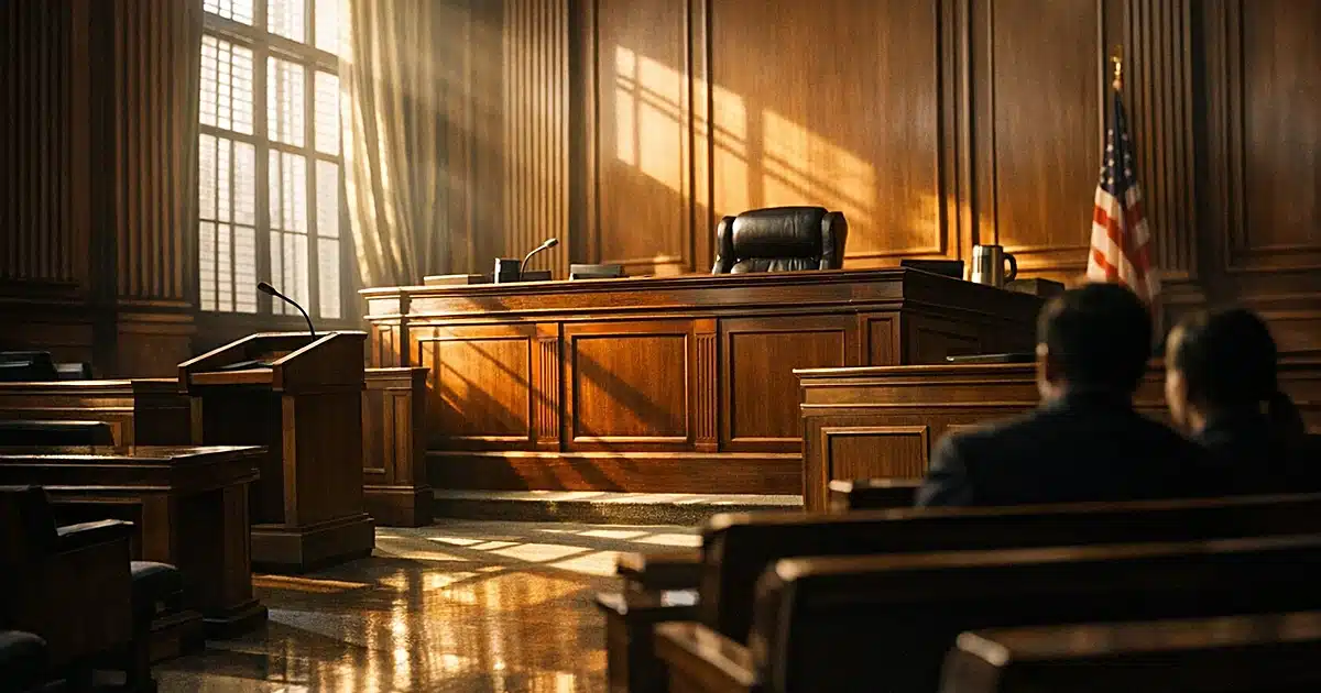 Empty federal courtroom interior with judicial bench and dramatic window lighting casting shadows across wood surfaces
