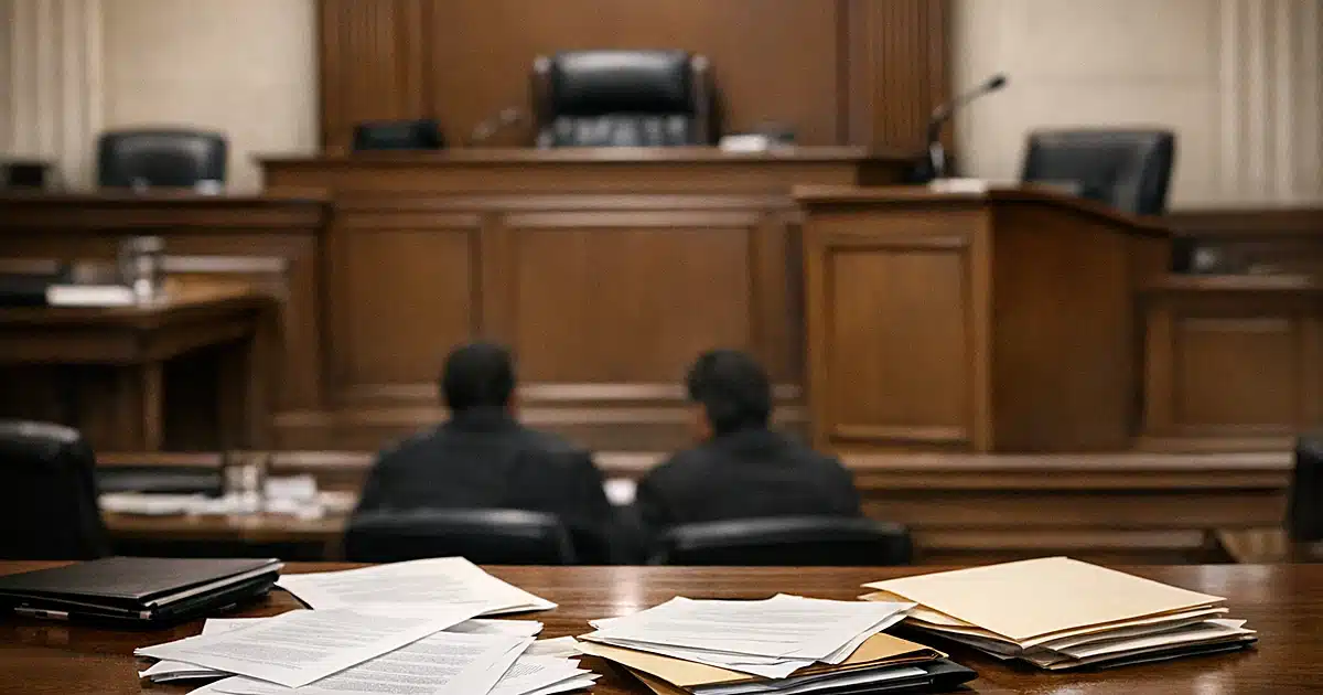 Empty federal courtroom with judge's bench and scattered legal documents on table in foreground