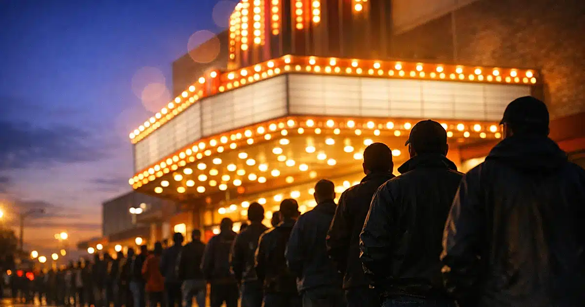 Movie theater exterior at dusk with long line of silhouetted people waiting to enter under bright marquee lights