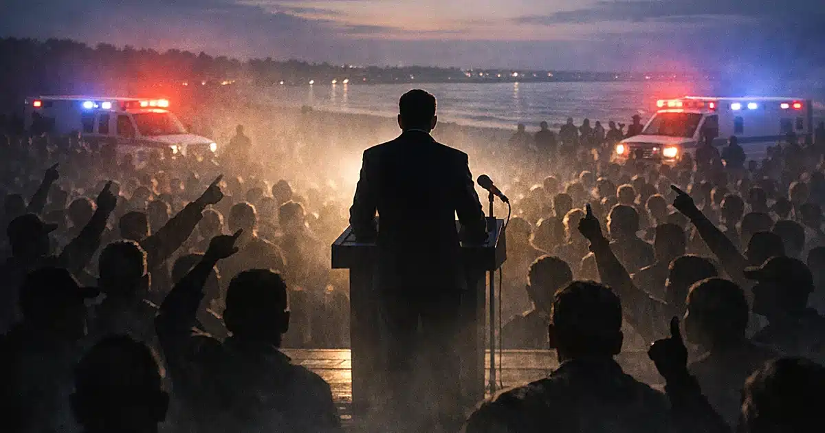Silhouetted figure at podium faces crowd with raised arms as emergency lights flash at beach evening event