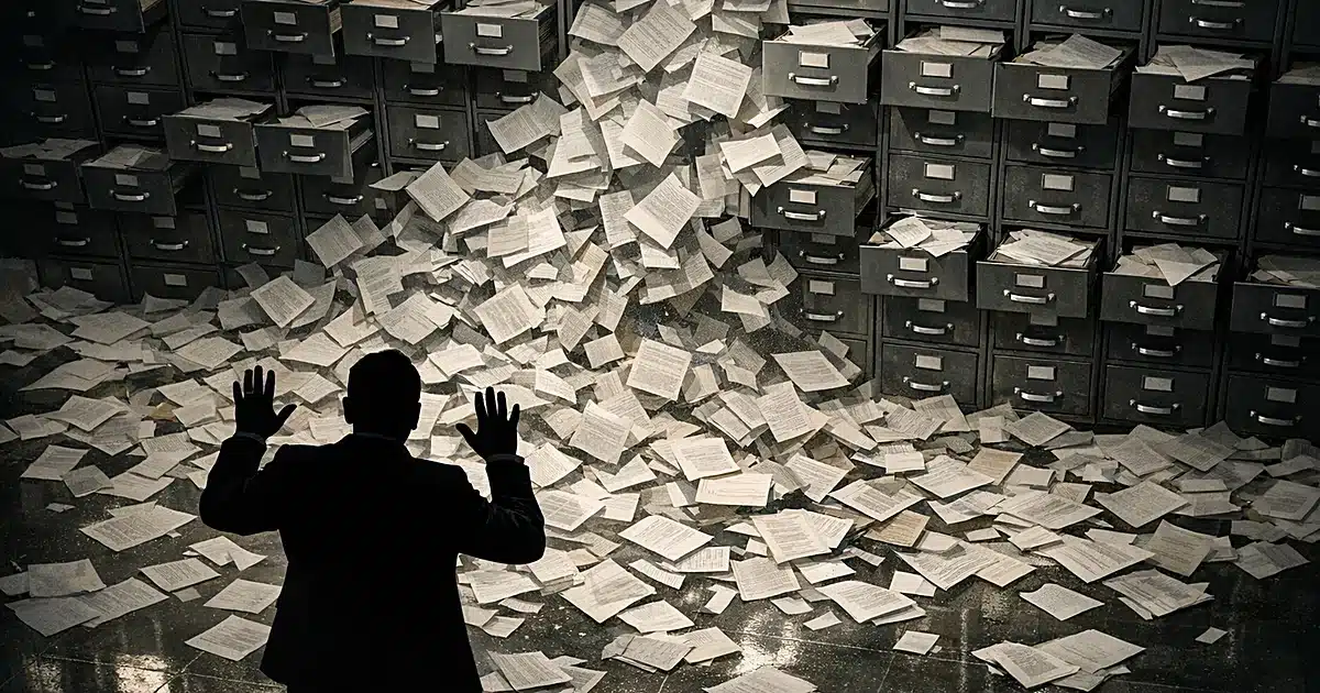 Open filing cabinets spilling documents while a silhouetted figure gestures to stop the cascade of papers