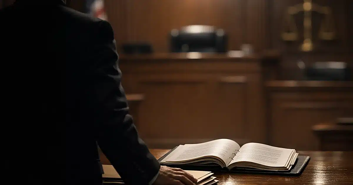 Courtroom interior with silhouetted attorney at table and open legal documents on judge's bench