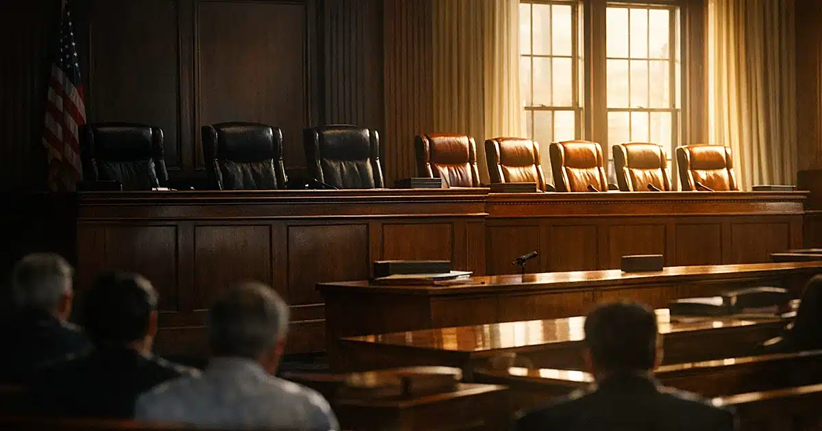 Federal courtroom interior showing judicial bench with chairs divided by dramatic window lighting