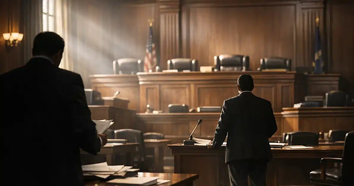 Interior of federal courtroom with judicial bench and silhouetted attorneys at counsel tables