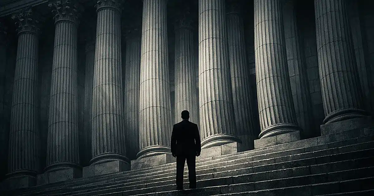Silhouetted figure facing tall courthouse columns and steps from below in dramatic lighting