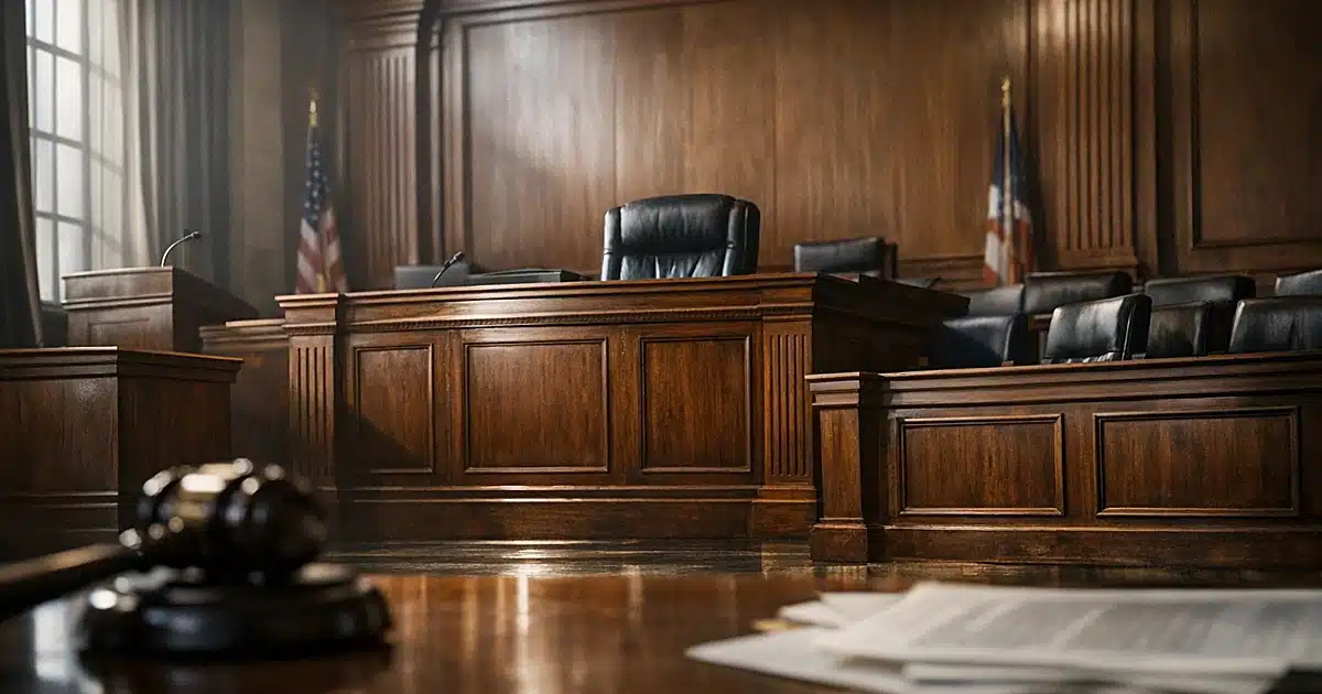 Empty federal courtroom interior with judicial bench and witness stand in dramatic natural lighting