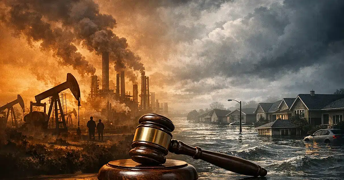 Oil derricks and flooded neighborhood divided by a gavel, representing climate lawsuit against energy companies