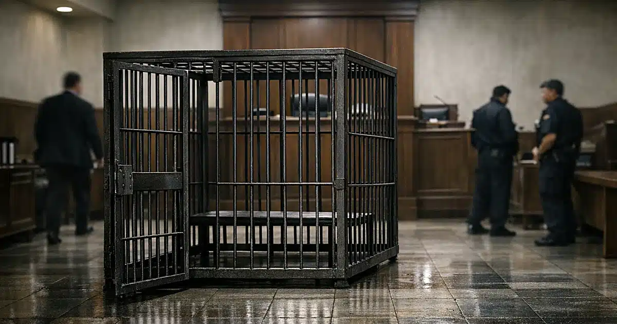 Empty metal defendant cage in Syrian courtroom with officials moving in background