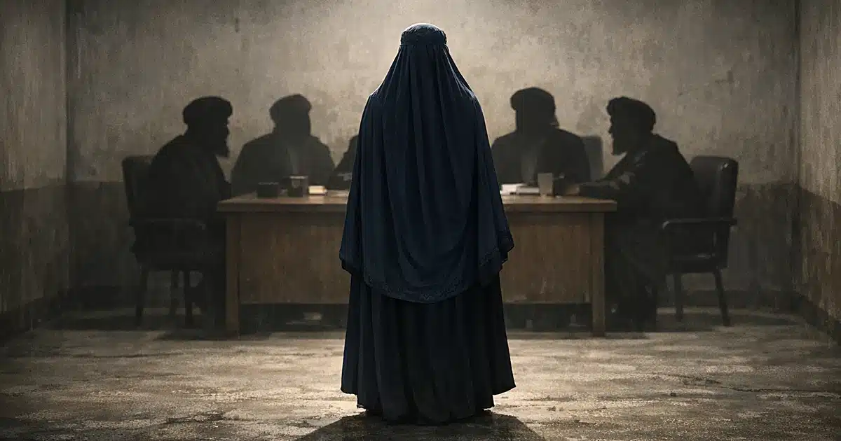 Woman in burqa standing alone before silhouettes of seated men in sparse room with harsh overhead lighting