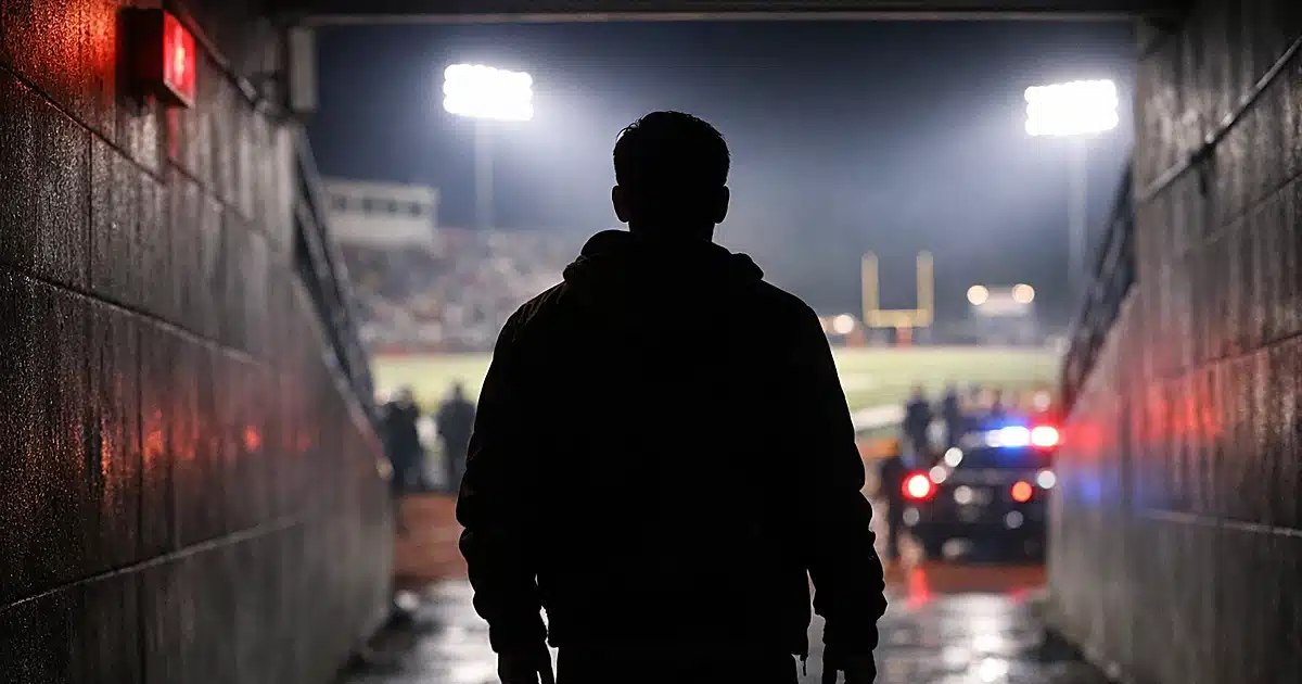 Silhouetted figure at entrance tunnel of illuminated high school football stadium at night