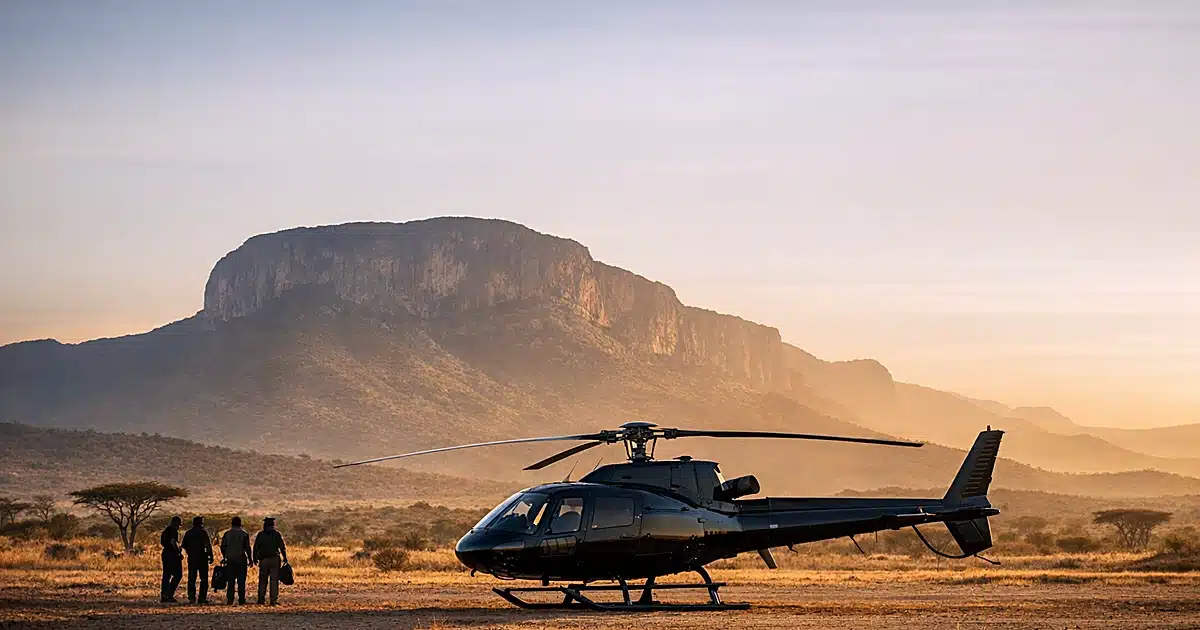 Safari helicopter on remote Kenyan airstrip with Mount Ololokwe in background at golden hour