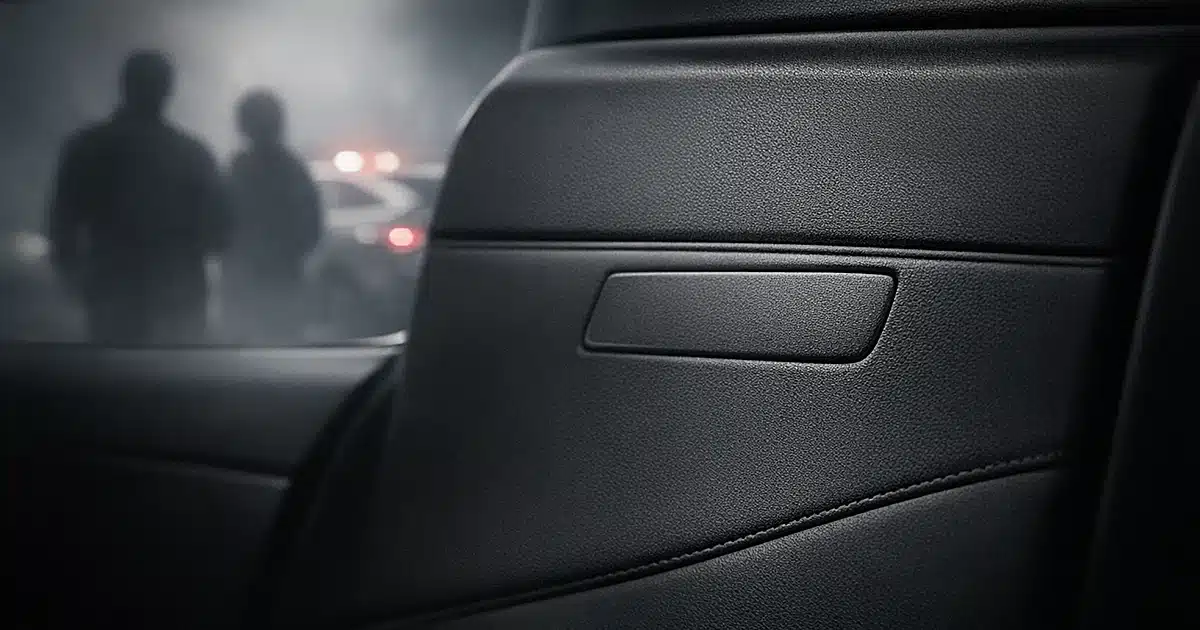 Car door interior with flush-mounted handle blending into matching trim, difficult to distinguish from surrounding panel