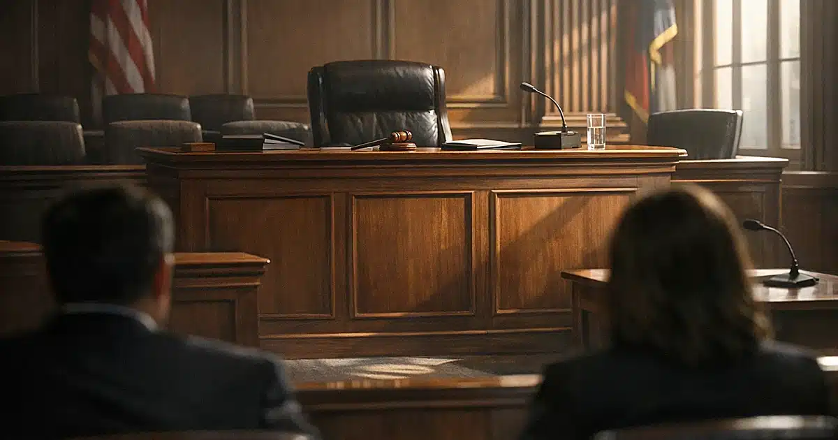 Empty Texas courtroom interior showing judge's bench, witness stand, and vacant jury box with afternoon light