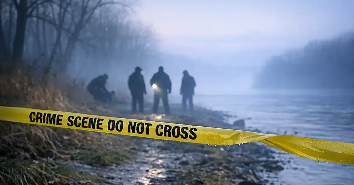 Crime scene tape along a foggy riverbank with distant investigator silhouettes among trees at dawn