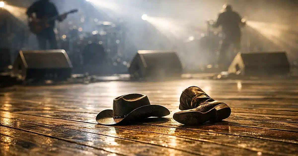 Worn wooden stage floor with scuff marks at outdoor concert venue under dramatic stage lighting