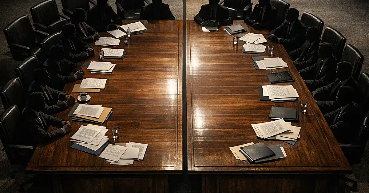 Overhead view of committee table with chairs divided 12-10, papers scattered, showing party-line vote arrangement