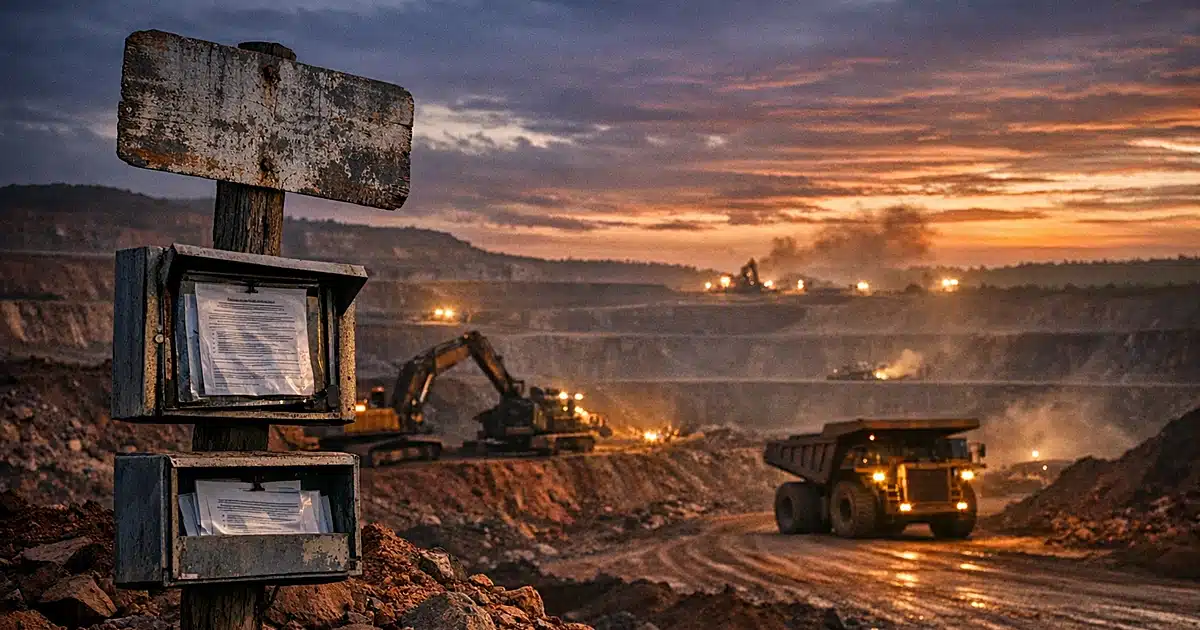 Open-pit mining site with excavation terraces and permit signage at dusk in Minnesota's Iron Range