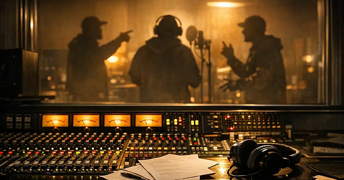 Recording studio mixing console with silhouetted figures in vocal booth during active music production session