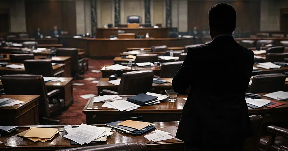 Empty legislative chamber with scattered papers on desks and silhouetted figure viewing the scene